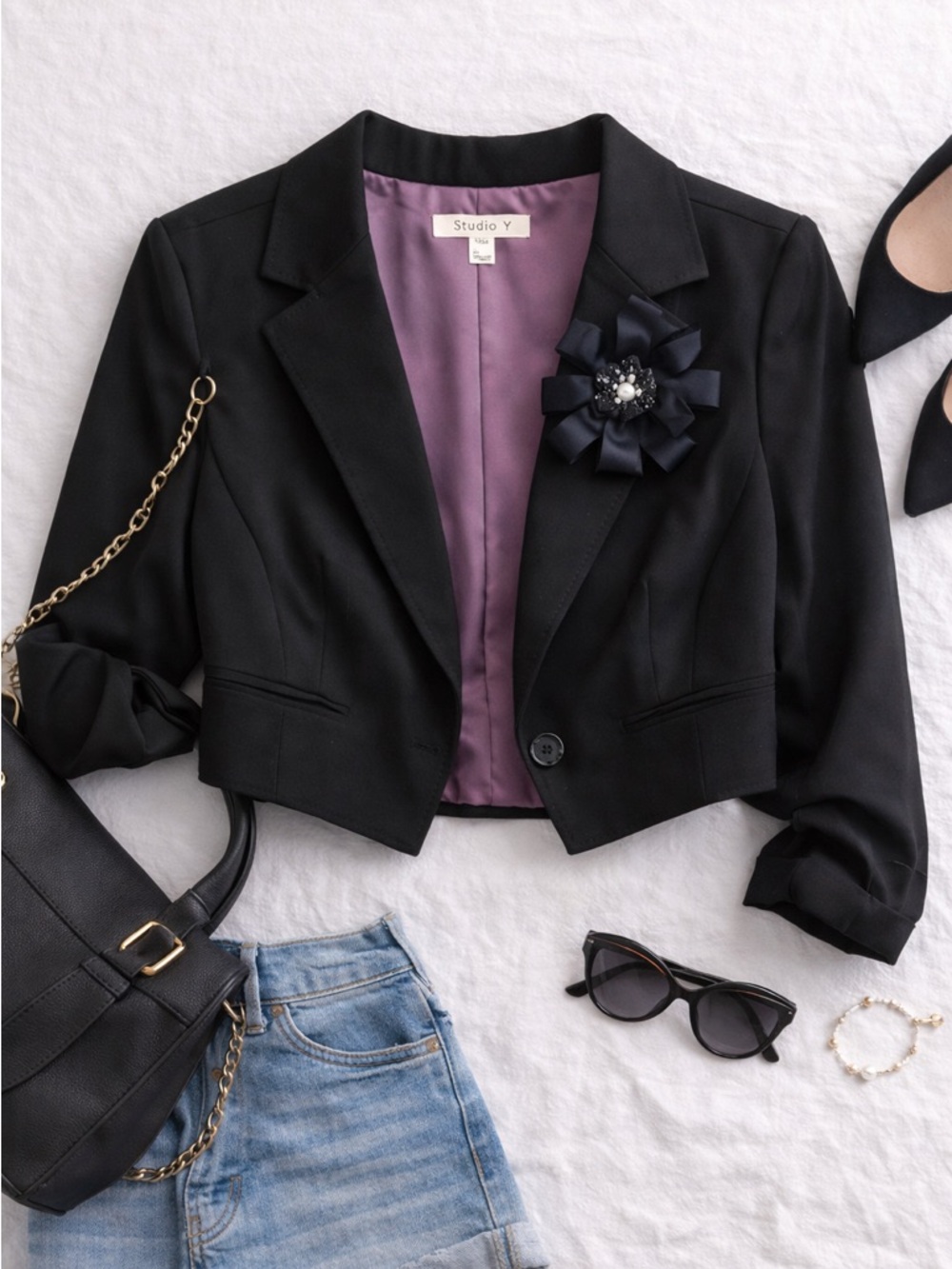Black Cropped Blazer | Studio Y Dressy Jacket W/ satin lining